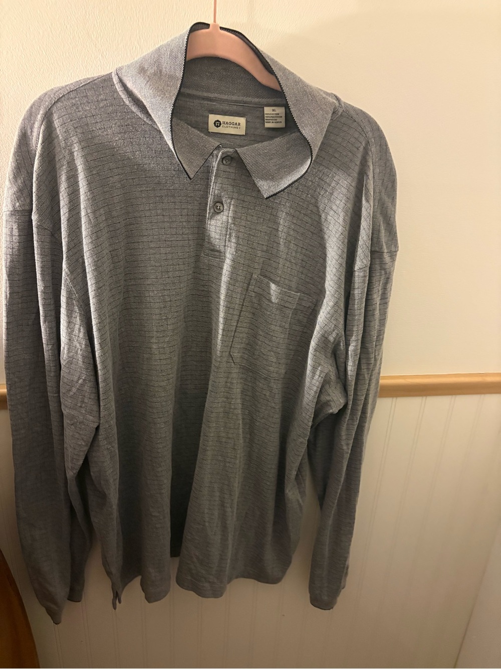 Haggar Men’s XL Gray Textured Long Sleeve Polo Shirt Cotton Blend